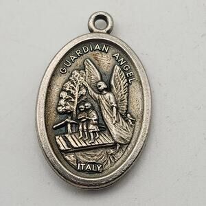 Guardian Angel Medal Pendant Baby Jesus Manger Made in Italy Catholic Oval Charm